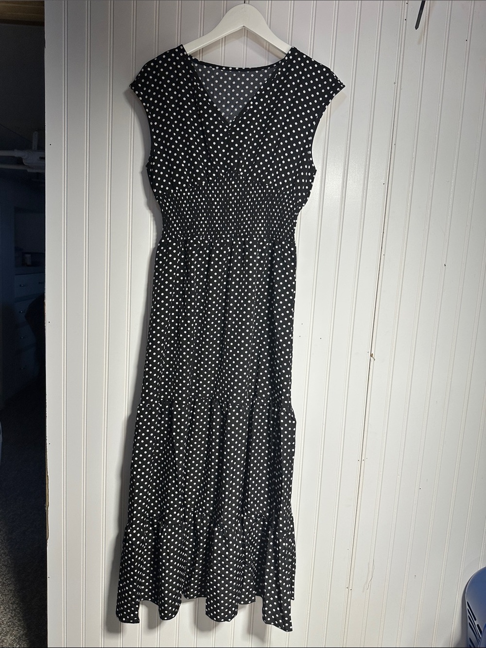 Black Polka Dot Maxi Dress with Smocked Waist